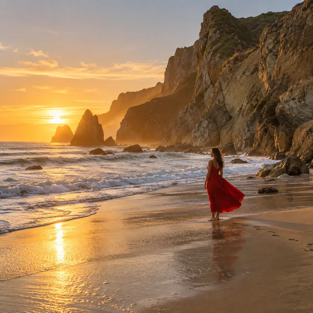 Red dress beneath coastal cliffs at golden hour
